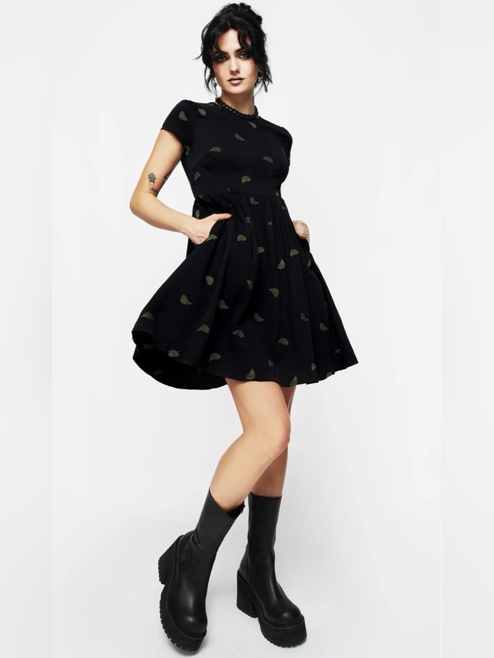 Disturbia Osmunda Fern Embroidered Mini Skater Dress US 10 Black Green Goth - Picture 15 of 15